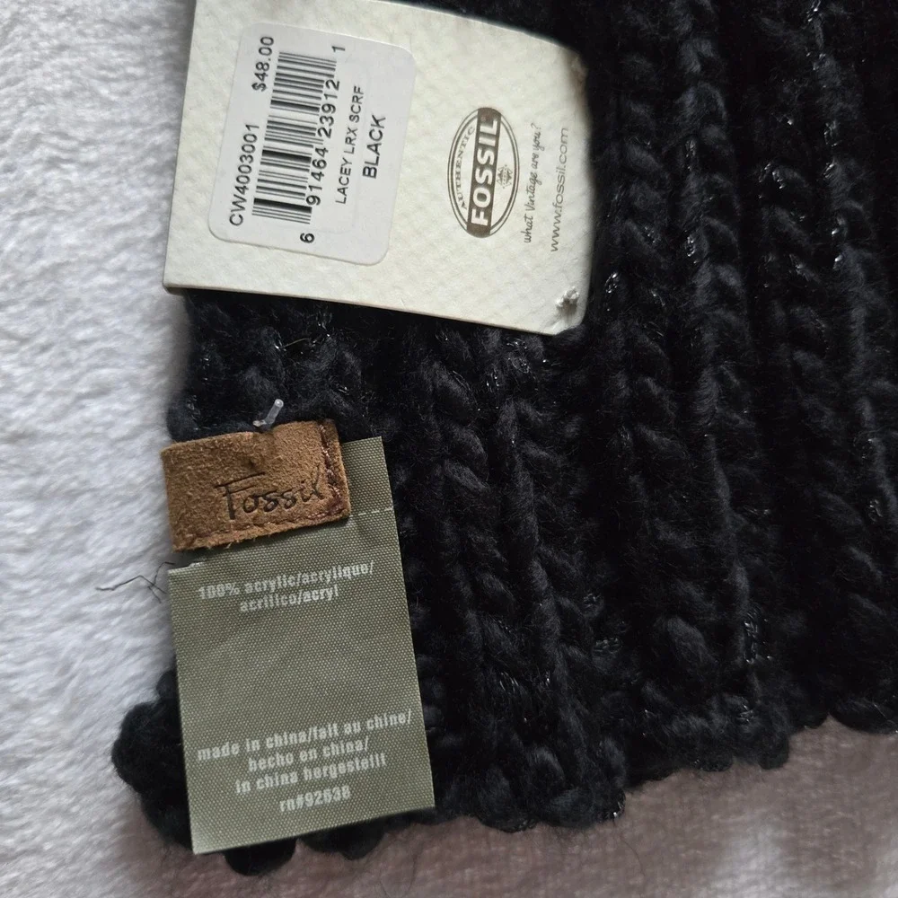 Fossil Lacey Lurex Black Chunky Knit Scarf with Satin Bows Metallic CW4003001